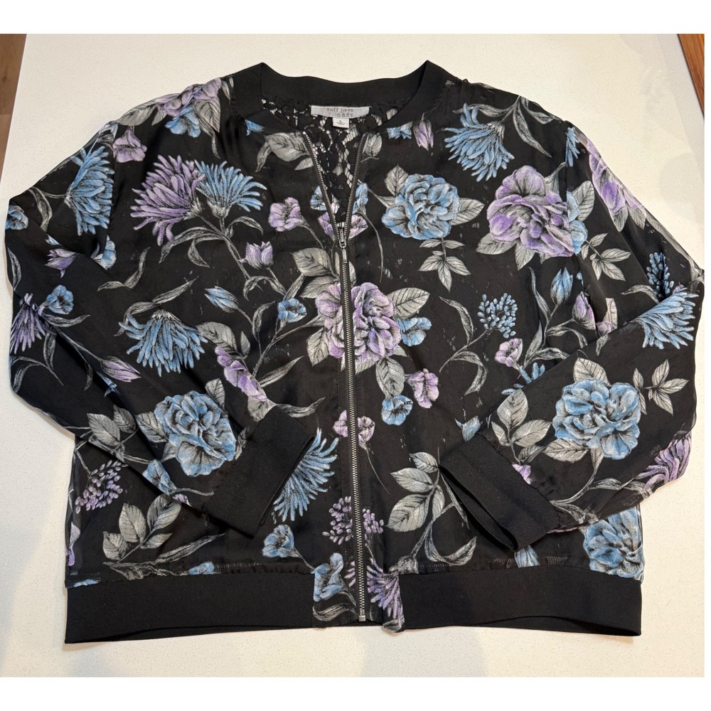 Ruff Hewn Grey Floral Lace Bomber Jacket Black Purple Blue Full Zip Womens Large